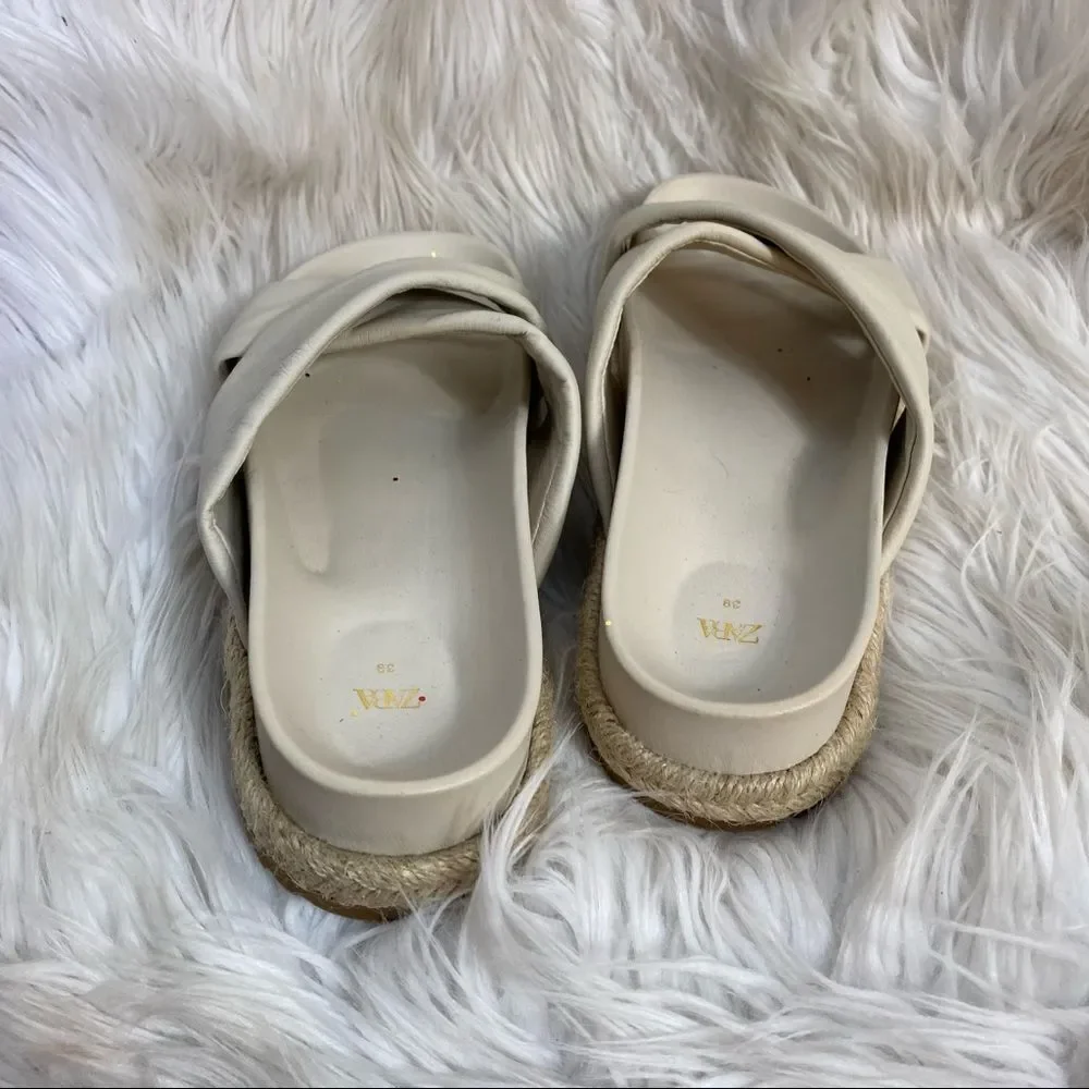 NEW ZARA ecru white leather flat wide straps sandals 39 US 8.5 - Picture 7 of 11